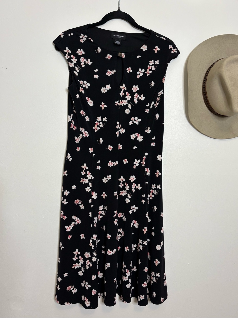 Liz Claiborne Black Midi Dress with Pink and White Floral Print